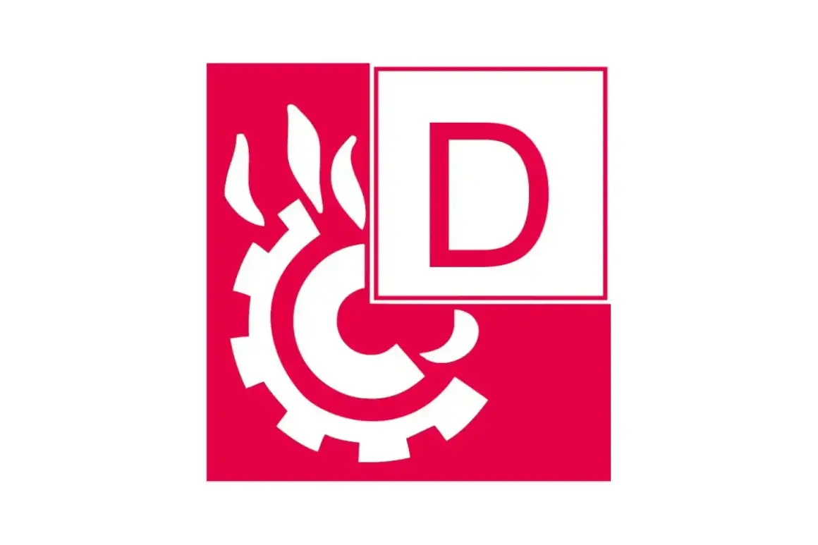 Symbol für Brandklasse D: Zahnrad mit Flammen und dem Buchstaben D in einem Quadrat.