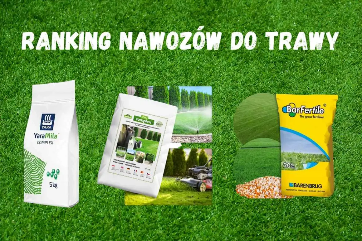 Ranking nawozów do trawy: torby YaraMila Complex i BarFertile, zdjęcia trawników, kosiarki i zraszaczy.
