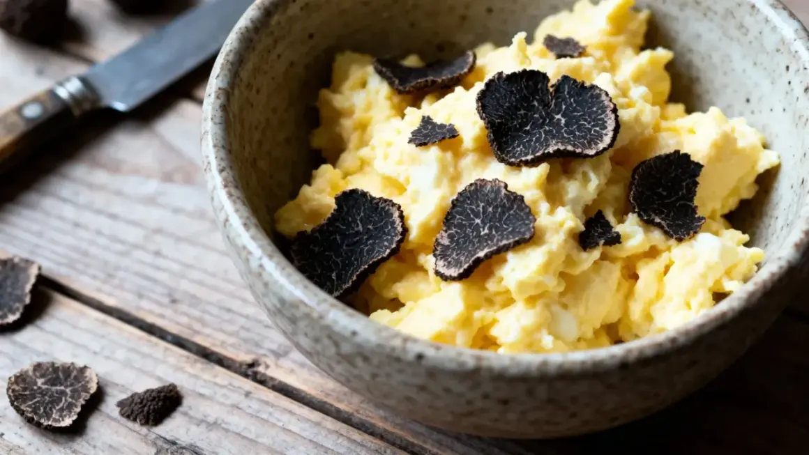 Œufs brouillés garnis de fines lamelles de variétés de truffes noires. Un délice sur fond de bois rustique.