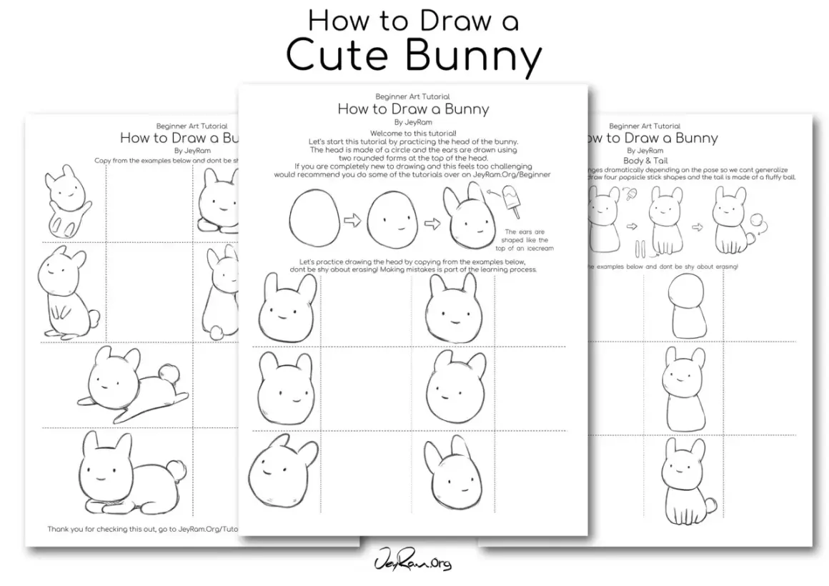 Tutorial para un kawaii conejo dibujo facil. Muestra cómo dibujar la cabeza, el cuerpo y la cola de un conejito paso a paso.