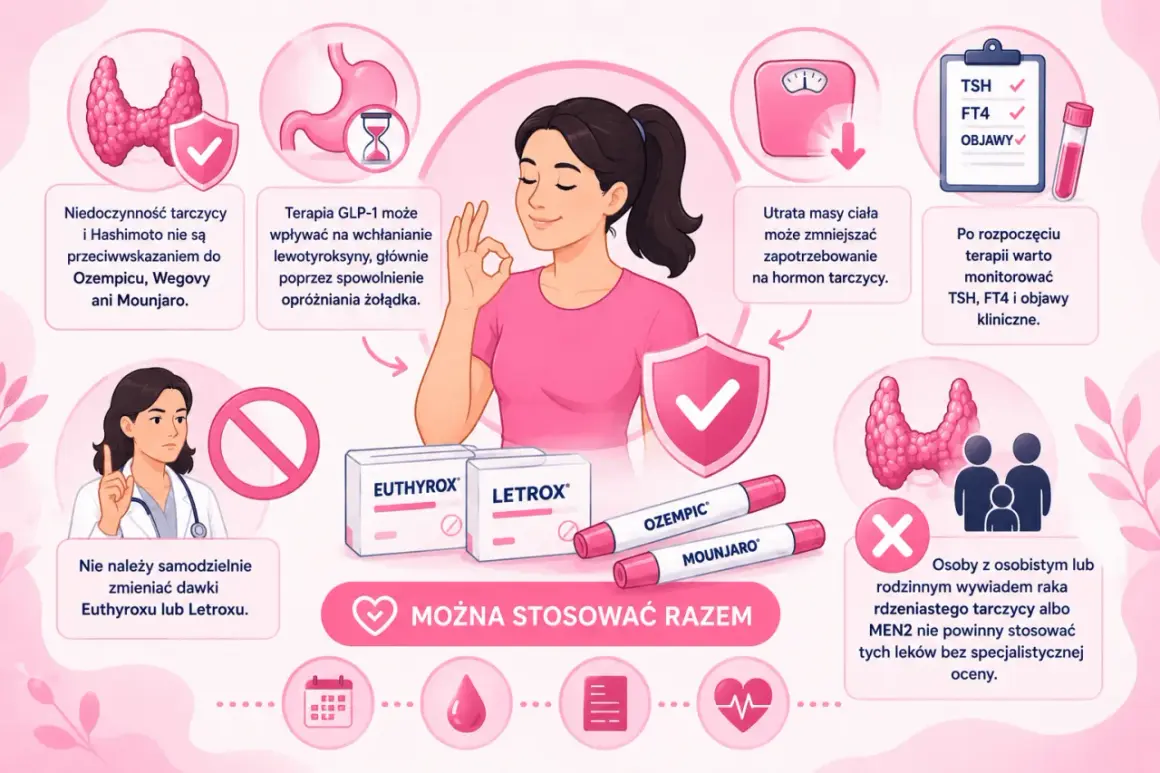 Tarczyca a odchudzanie: Euthyrox i Letrox można stosować razem z Ozempic, Wegovy, Mounjaro. Utrata wagi może zmniejszyć zapotrzebowanie na hormon tarczycy.