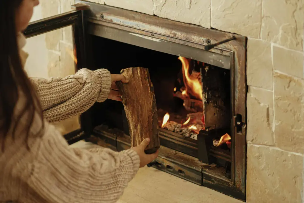 Une personne en pull ajoute une bûCHE dans un poêle à bois qui fume, porte ouverte. La chaleur des flammes réchauffe la pièce.