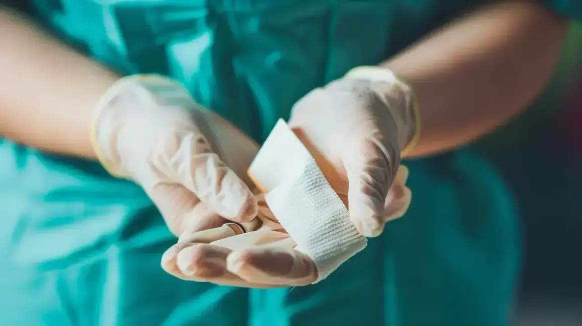 Dłonie w rękawiczkach trzymają bandaż, symbolizując dbałość o aseptykę i antyseptykę w opiece medycznej.