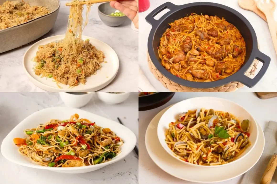 Cuatro deliciosas recetas con fideos: salteados, fideuá de pollo, con verduras y mariscos. ¡Inspírate para tu próxima comida!