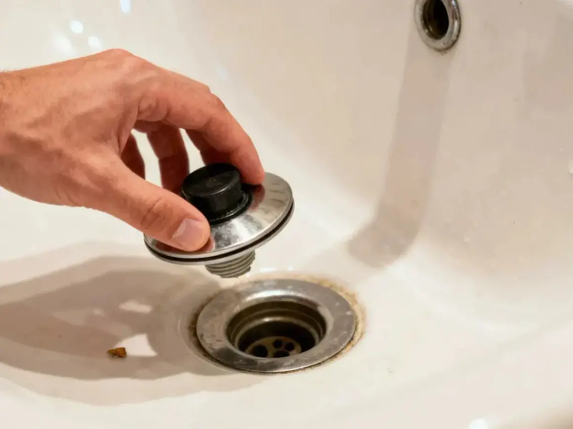 A hand holds a bathtub drain stopper, demonstrating how to remove bathtub drain parts for cleaning or repair.