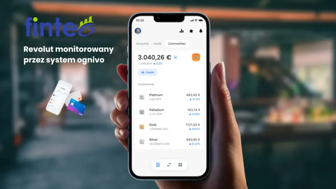 Revolut monitorowany przez system ognivo. Aplikacja pokazuje inwestycje w platynę, pallad, złoto i srebro.