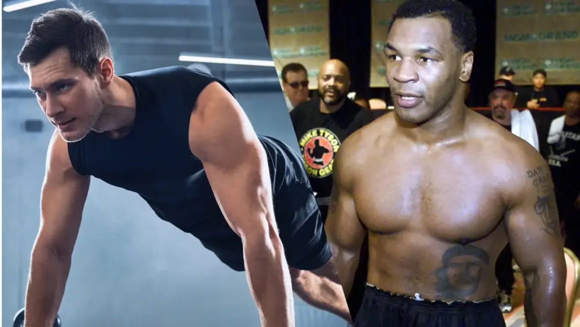 A man does push-ups, inspired by the legendary Mike Tyson push ups benefits.