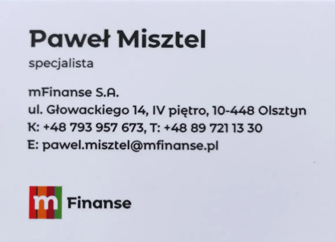 Wizytówka Pawła Misztela, specjalisty mFinanse S.A. w Olsztynie.