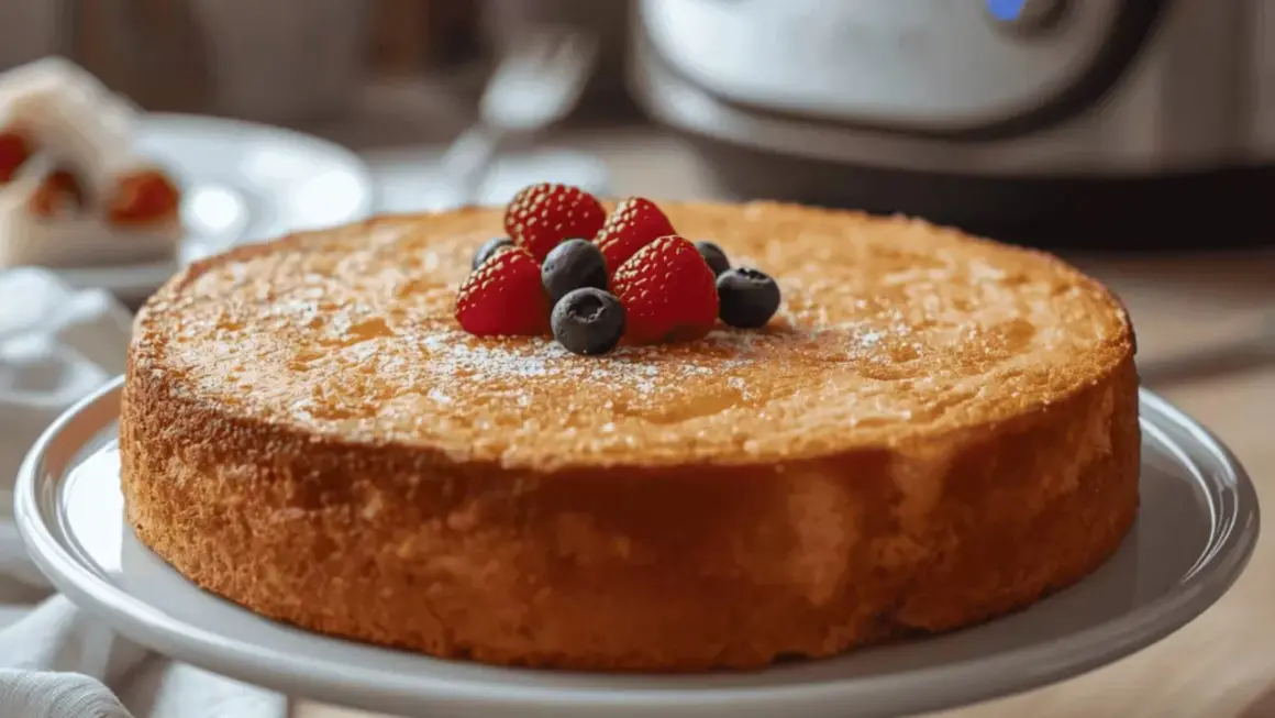 Gâteau doré, garni de framboises et myrtilles, saupoudré de sucre glace. Un délice qui vous fait demander : amidon c'est quoi ?