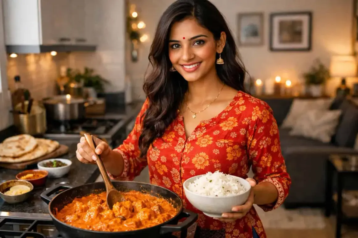 En kvinna i köket rör i en gryta med tikka masala och håller en skål med ris.