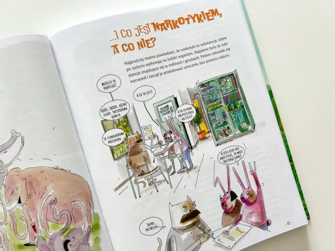 Ilustracja z książki o narkotykach: zwierzęta w gabinecie, szafka pełna dziwnych substancji.