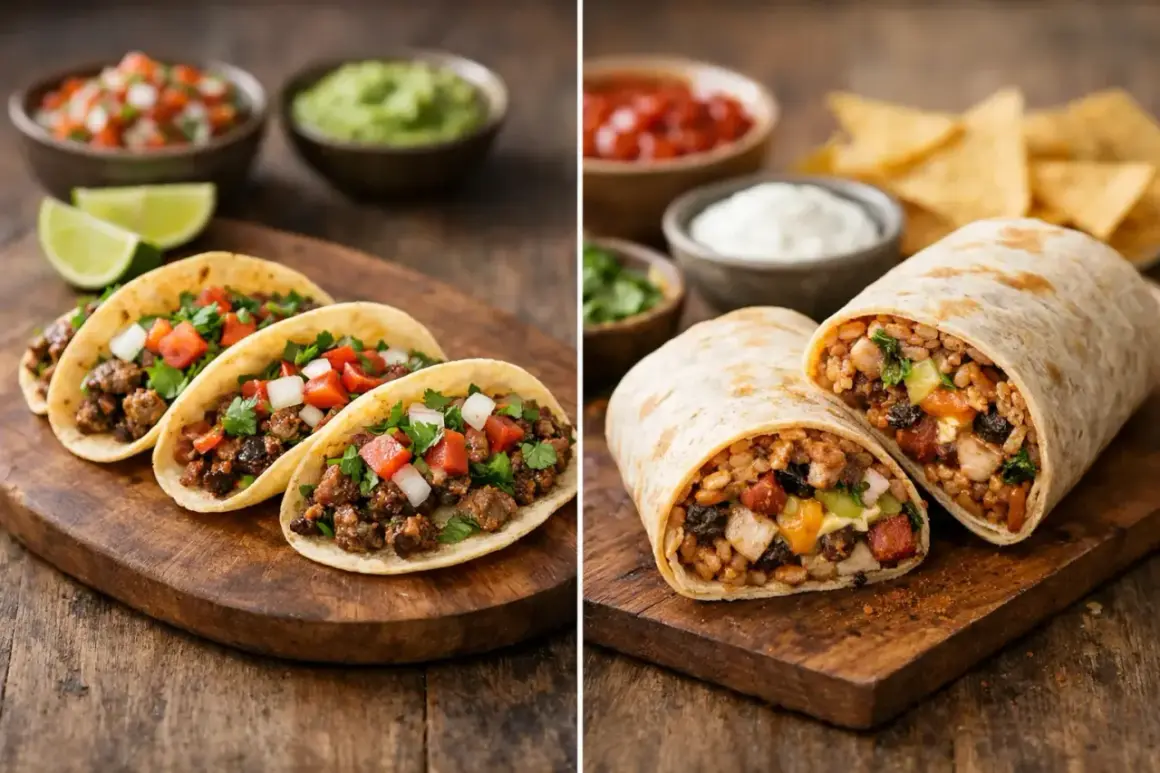 Hier siehst du, was sind Burritos: gefüllte Tortillas mit Reis, Fleisch und Gemüse, daneben Tacos mit ähnlicher Füllung.