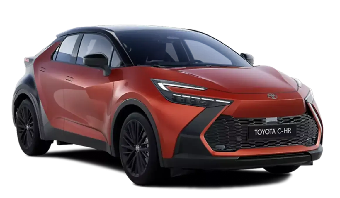 Pomarańczowy Toyota C-HR 2025 z czarnym dachem i felgami, prezentujący futurystyczny design z ostrymi liniami i agresywnym przodem.