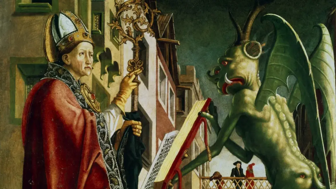 Ein Bischof hält einen Schlüssel, während ein grünes Wesen, das an einen satanistischen Dämon erinnert, ein Buch hält.