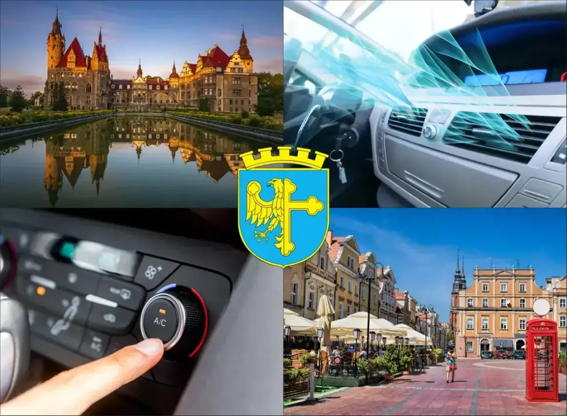 Kolaż: zamek, wnętrze samochodu z klimatyzacją, panel sterowania klimatyzacją, rynek w Opolu.