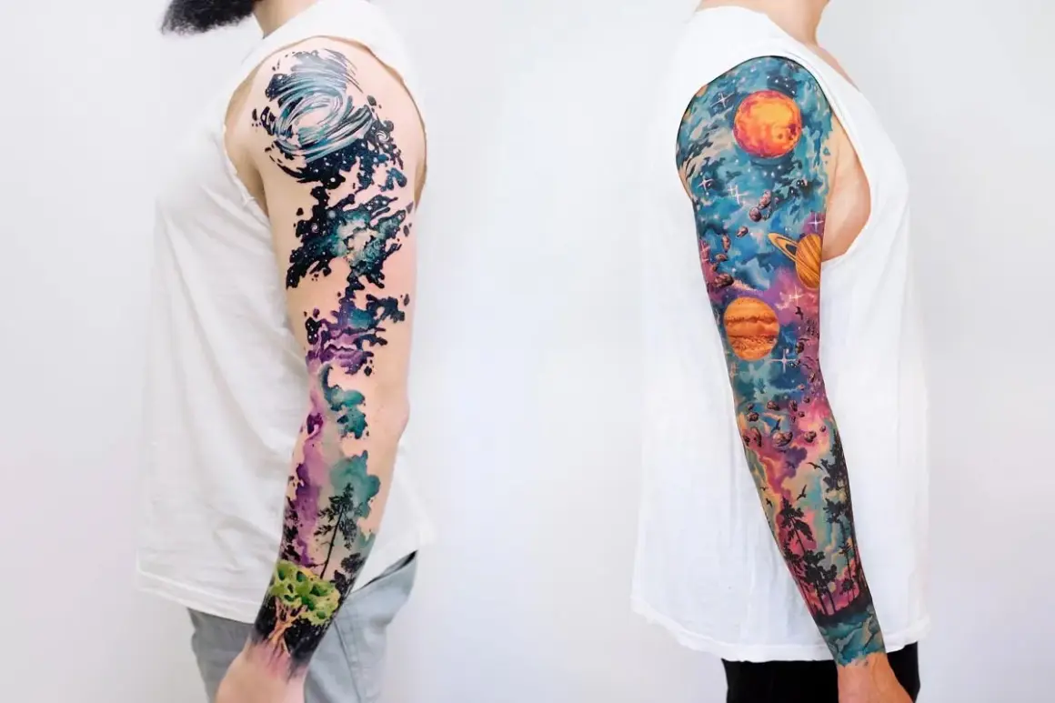 Zwei Arm-Sleeves mit Weltraum-Motiven: links abstrakt, rechts mit Planeten und Bäumen.