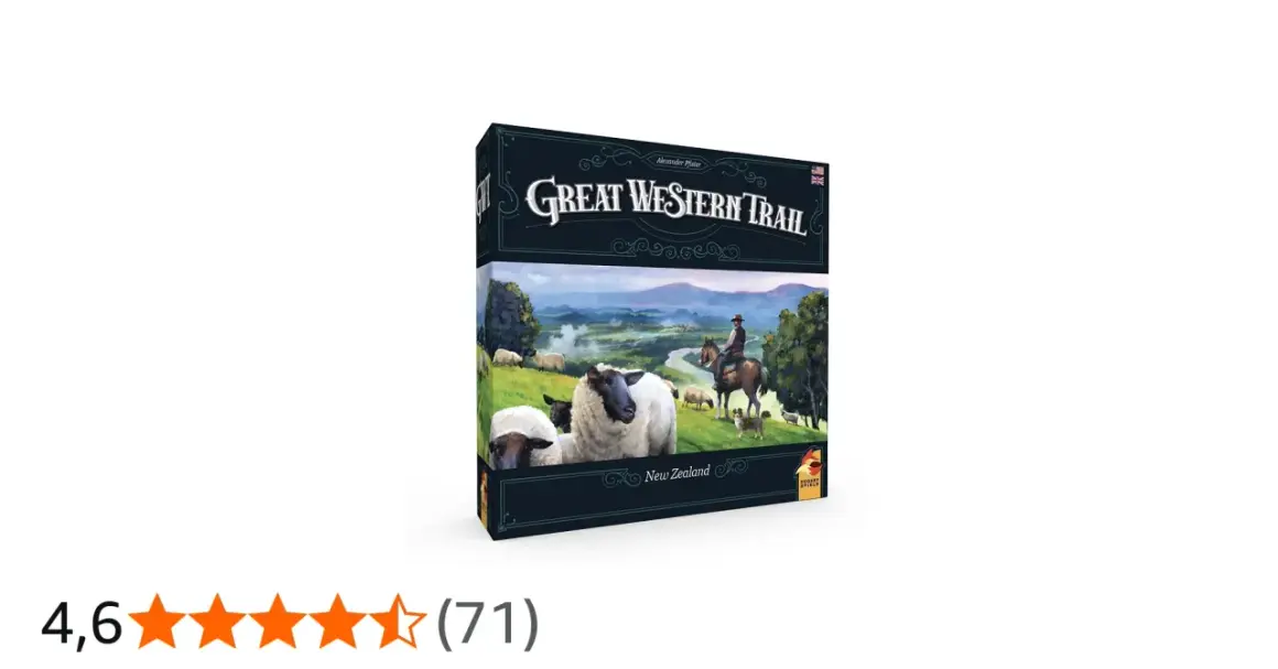 Gra planszowa "Great Western Trail Nowa Zelandia" z owcami i pasterzem na koniu na tle malowniczego krajobrazu.