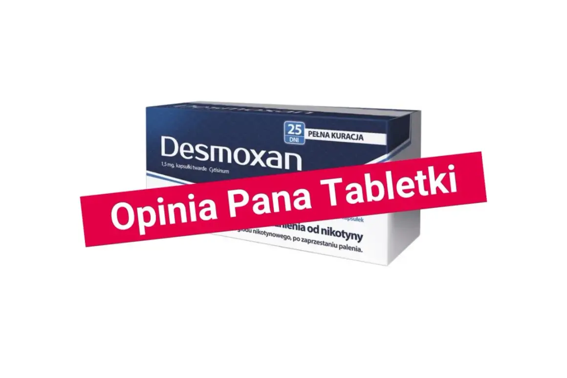 Opakowanie leku Desmoxan, stosowanego w terapii uzależnienia od nikotyny. Widoczna czerwona wstęga z napisem "Opinia Pana Tabletki".