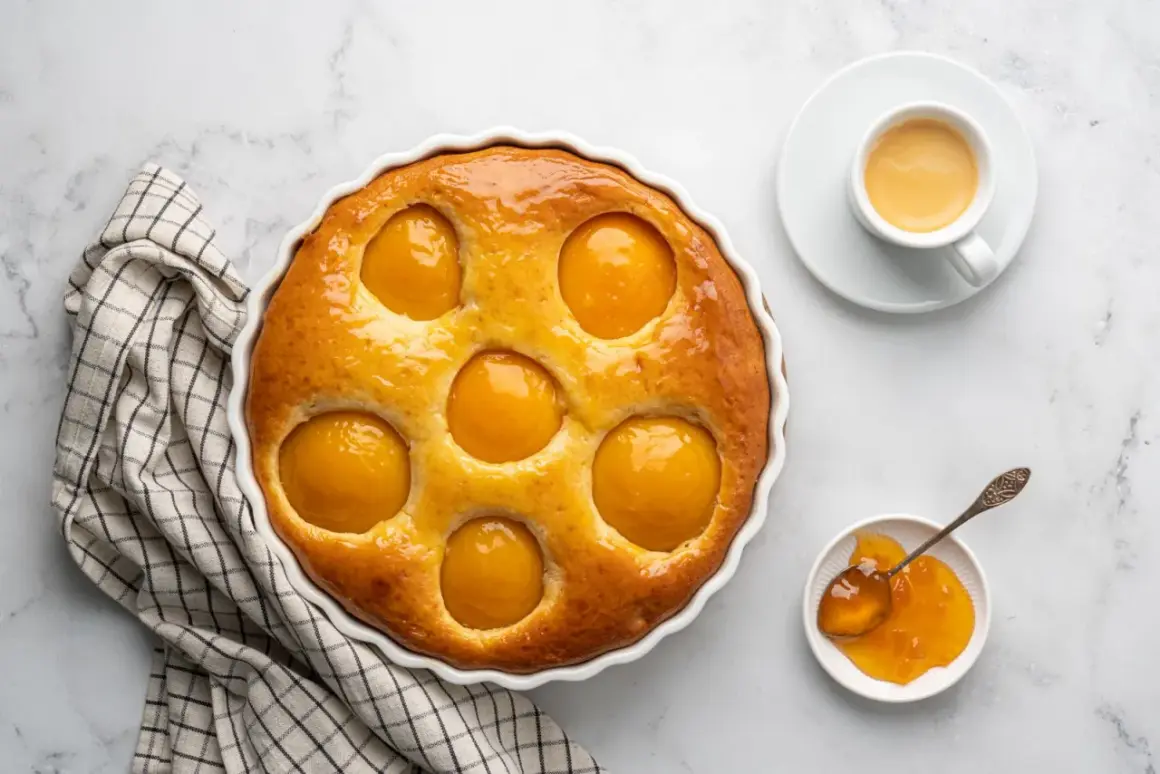La torta alle pesche della nonna, dorata e profumata, con pesche succose incastonate nell'impasto soffice. Accompagnata da un caffè e marmellata.