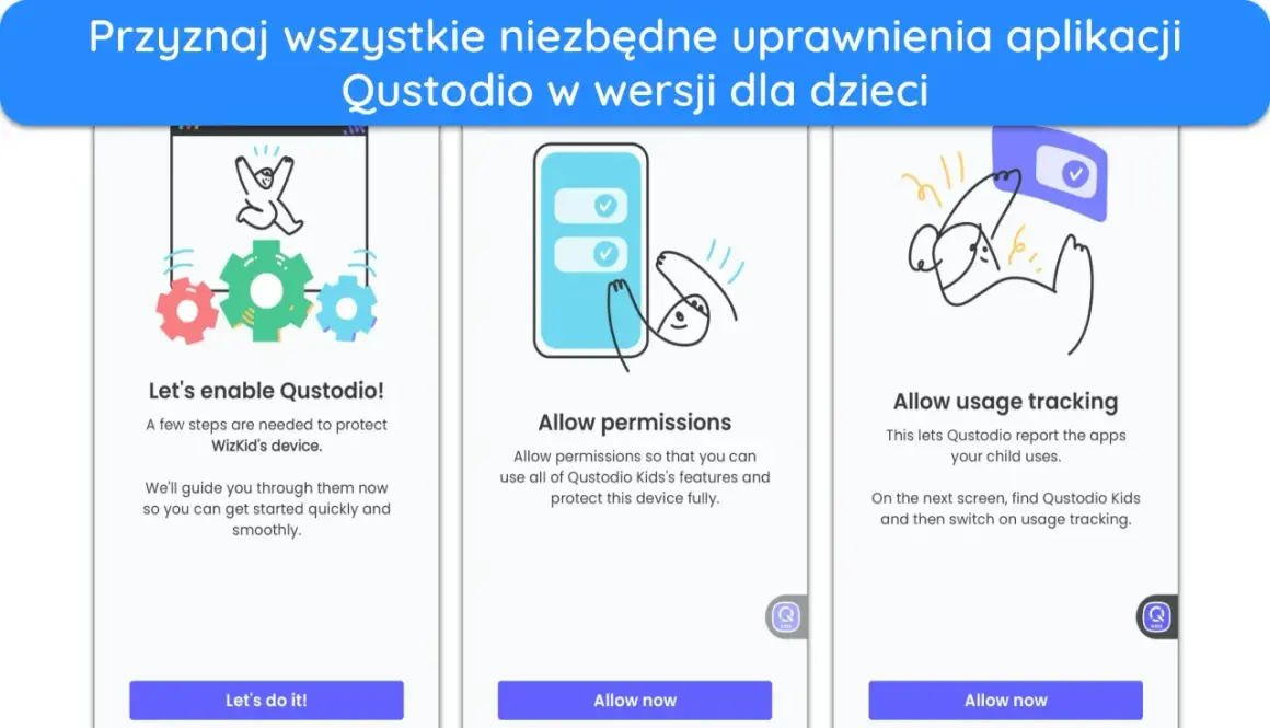 Qustodio pomaga chronić urządzenie dziecka, wymagając przyznania uprawnień i włączenia śledzenia aktywności.