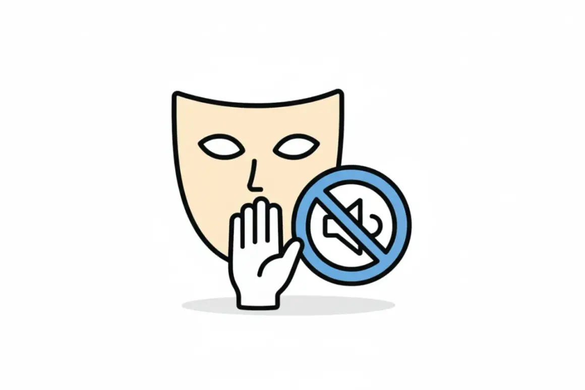 Eine Maske mit einer Hand vor dem Mund und einem durchgestrichenen Lautsprechersymbol. Das Symbol erklärt, was ist Scharade: Stille ist gefragt!