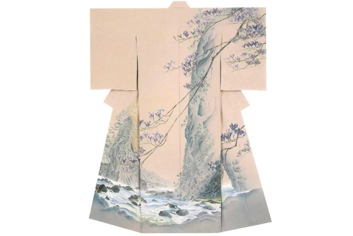 A kimono adorned with exquisite Japanese paintings of a serene landscape, featuring a rocky stream and delicate purple blossoms cascading down a cliff.