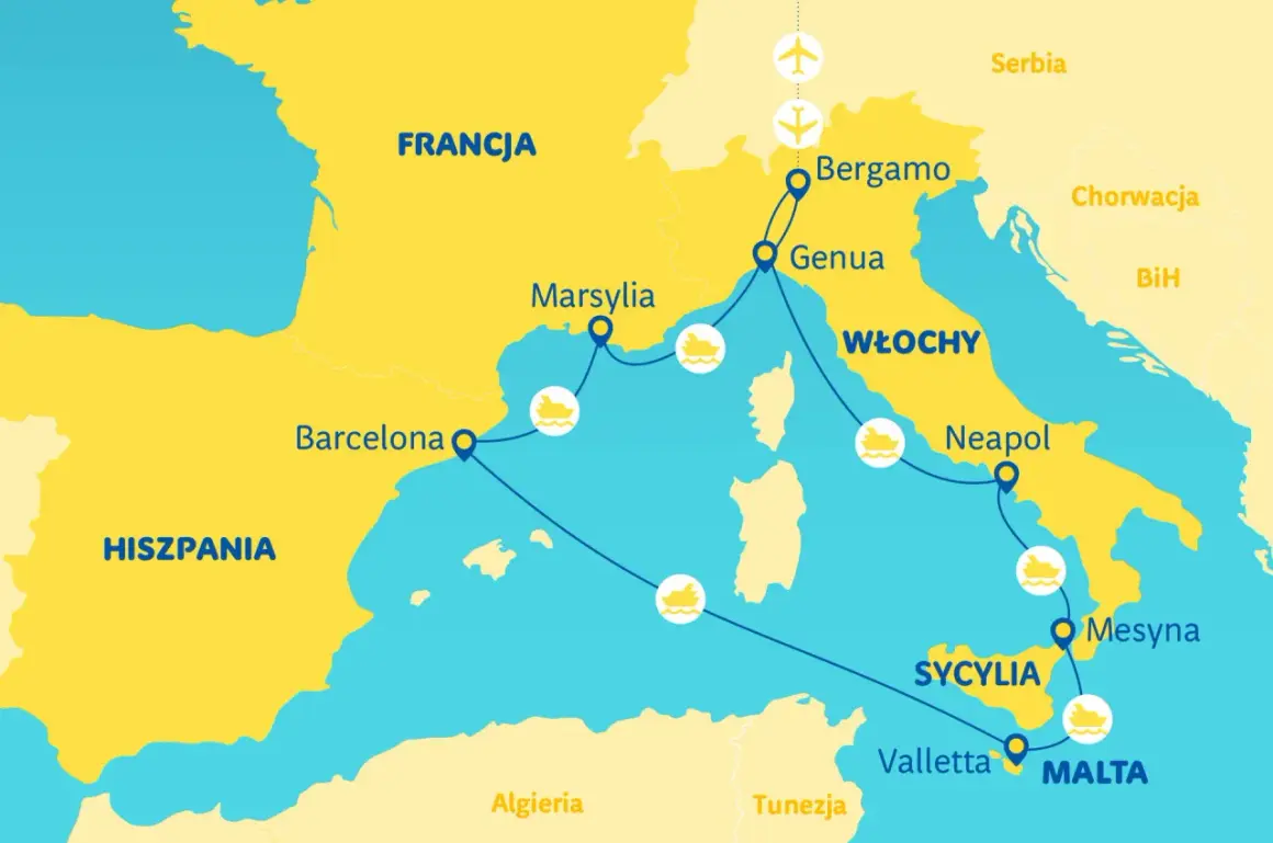 Mapa przedstawia rejs po Morzu Śródziemnym: Barcelona, Marsylia, Genua, Neapol, Sycylia, Malta.