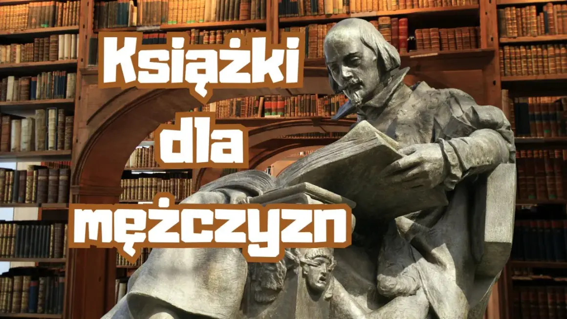 Kamienna rzeźba mężczyzny czytającego książkę na tle regałów pełnych ksiąg. Idealna inspiracja na książkę dla mężczyzny.