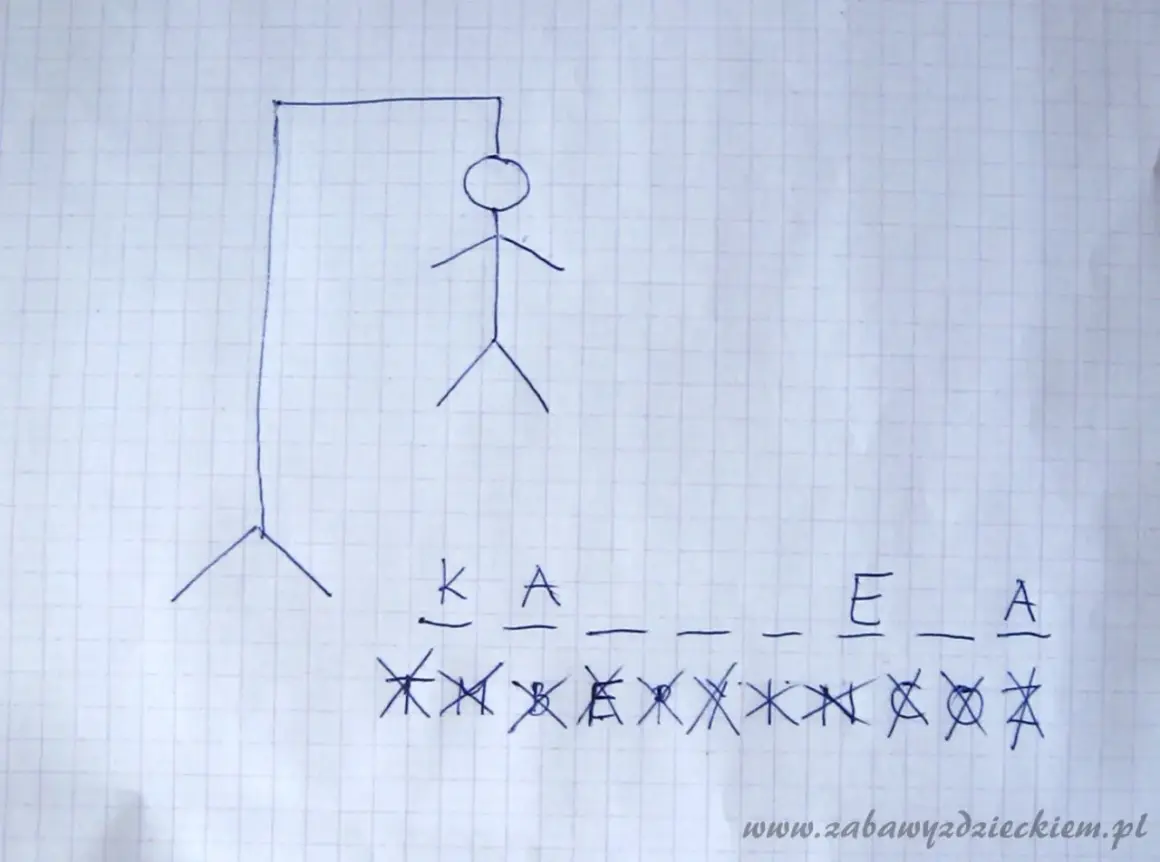 Wisielec z literami K, A, E, A. Gra w odgadywanie słów, kategorie do wisielca.