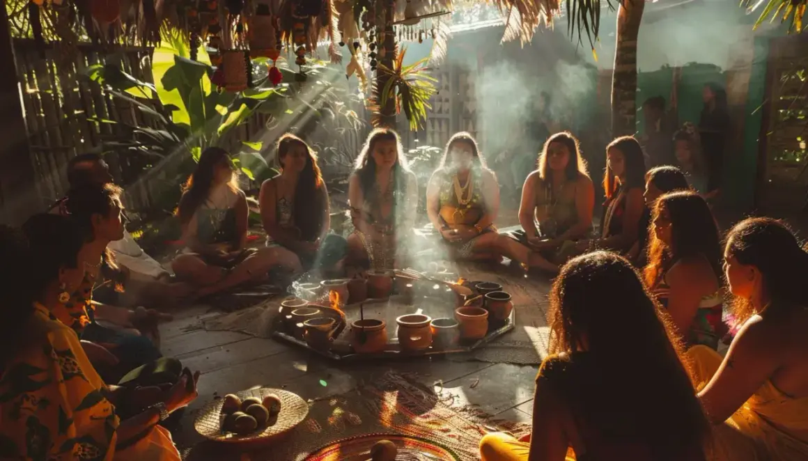Grupa ludzi siedzi w kręgu, otoczona dymem i promieniami słońca, przygotowując się do ceremonii ayahuasca.