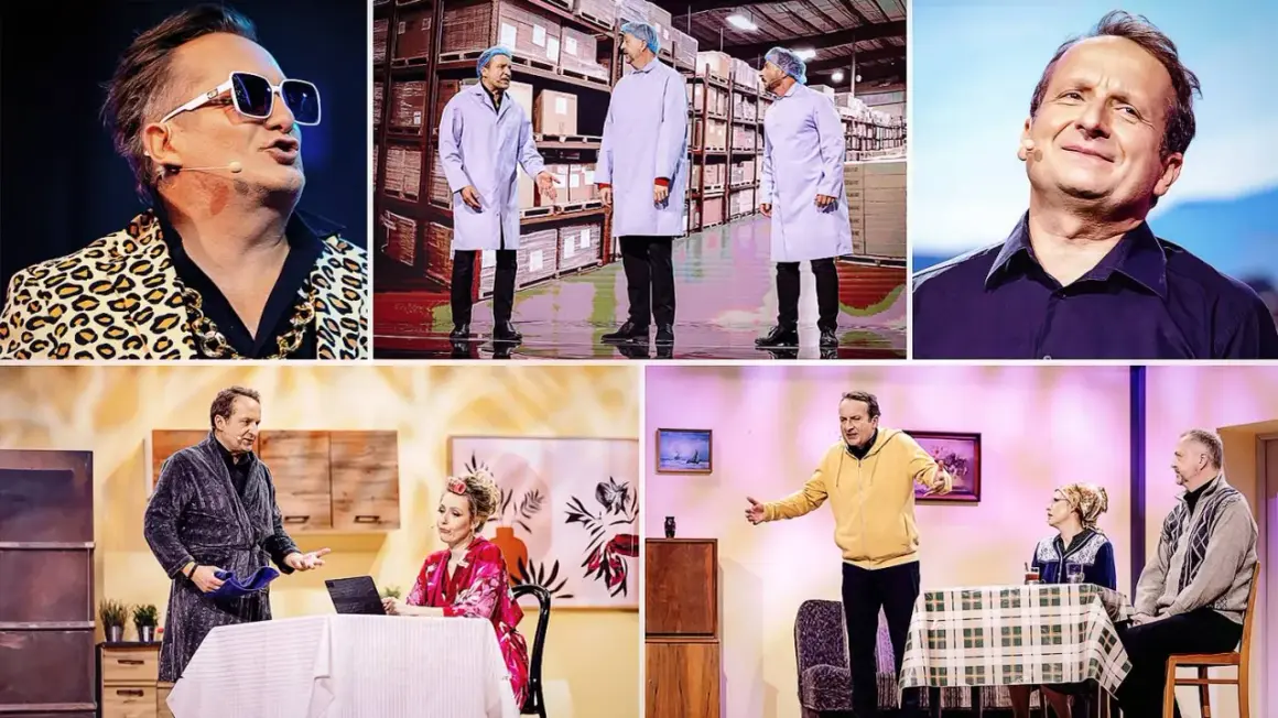 Kabaret Moralnego Niepokoju: zabawne scenki z życia, od magazynu po domowe perypetie.