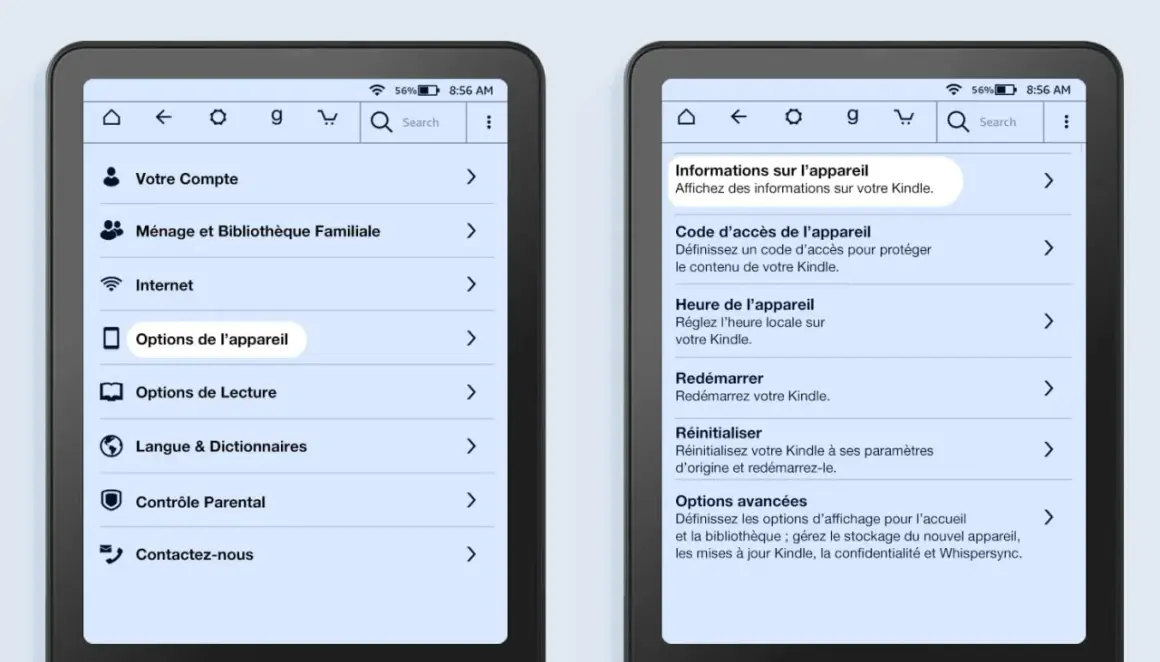 Paramètres du format lecture Kindle : options de l'appareil, heure, redémarrage, réinitialisation et options avancées.