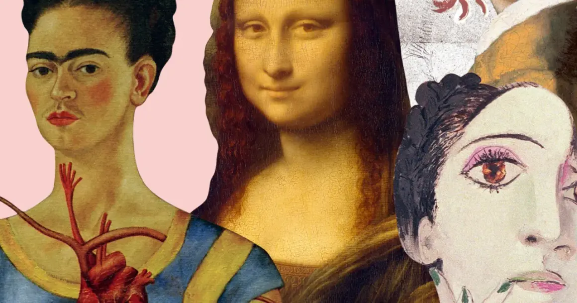 Kolaż słynnych obrazów z kobietą: Frida Kahlo z sercem, Mona Lisa i portret Picassa.