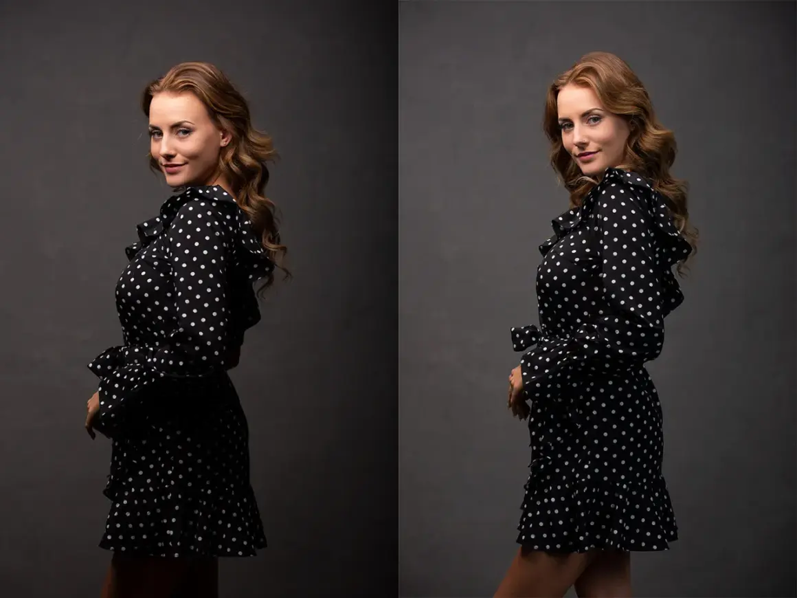 A woman in a polka dot dress poses, showcasing how fill light in photography can illuminate details and create a captivating portrait.