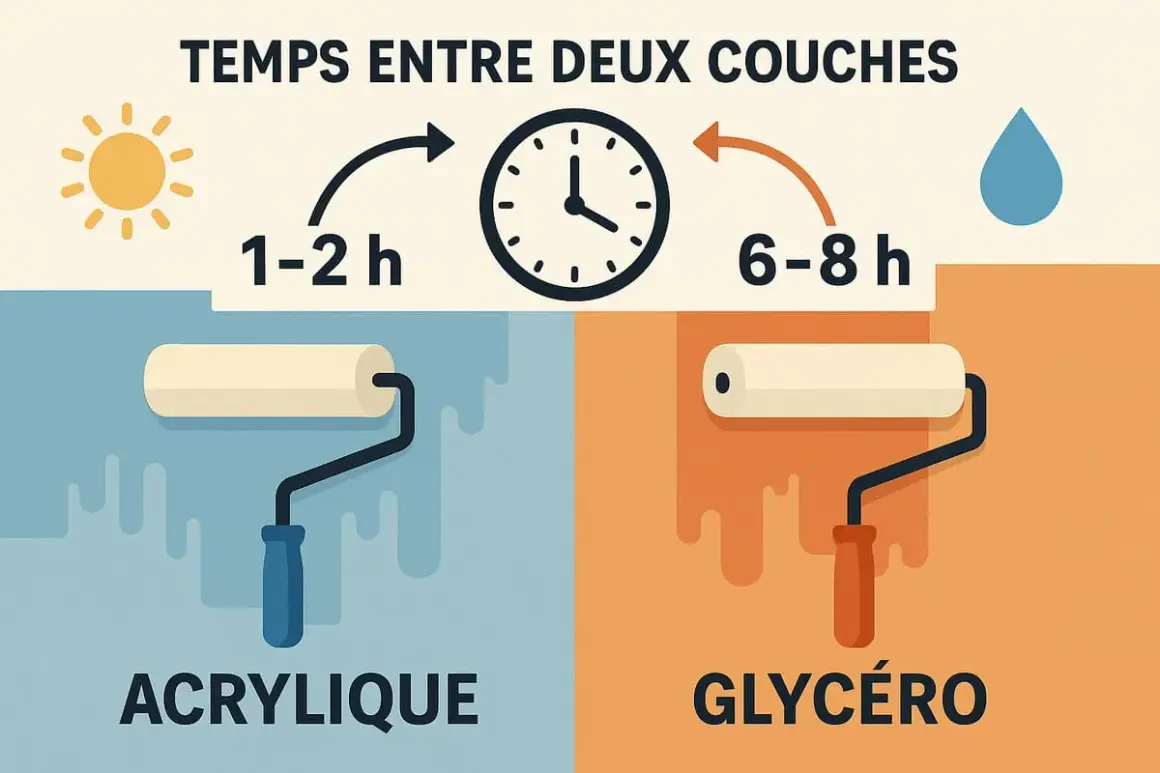 Temps de séchage entre deux couches de peinture : 1-2h pour l'acrylique, 6-8h pour la glycéro. L'égrenage peinture est plus rapide avec l'acrylique.