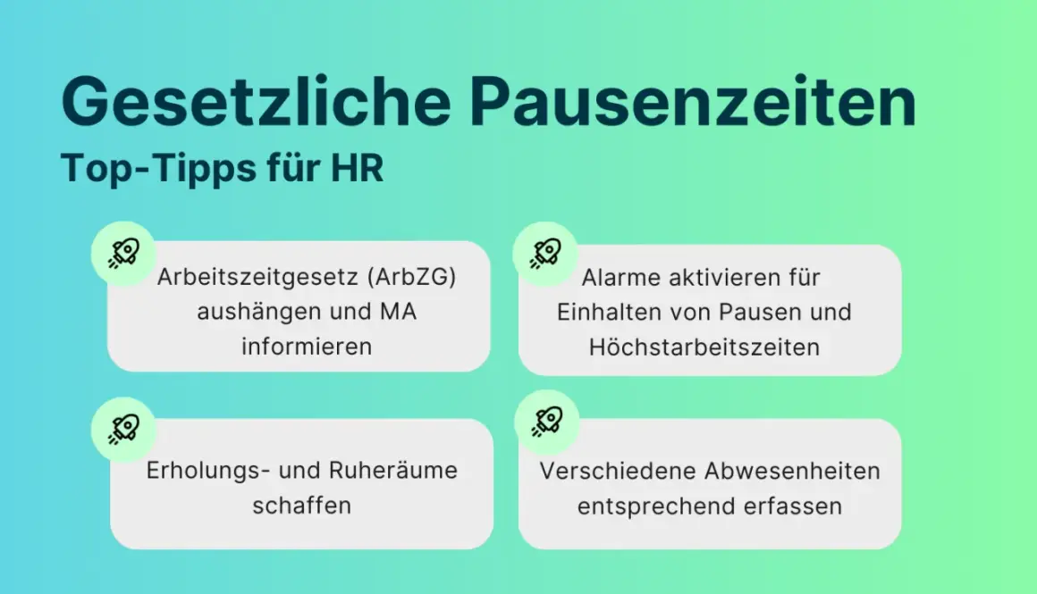 Top-Tipps für HR: Gesetzliche Pausenzeiten beachten. Nach 6 Stunden Arbeit Pause einlegen, Erholungsräume schaffen und Abwesenheiten erfassen.