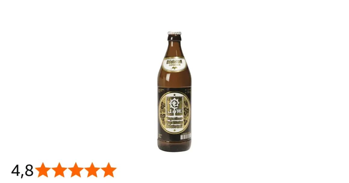 Augustiner Edelstoff Exportbier in brauner Flasche, bereit für einen Test. 4,8 Sterne Bewertung.
