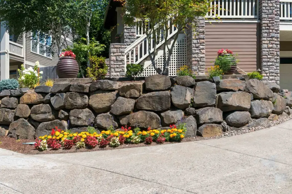 Natural stone retaining wall ideas: a sturdy wall of large rocks anchors a sloped yard, adorned with colorful flowers and planters.