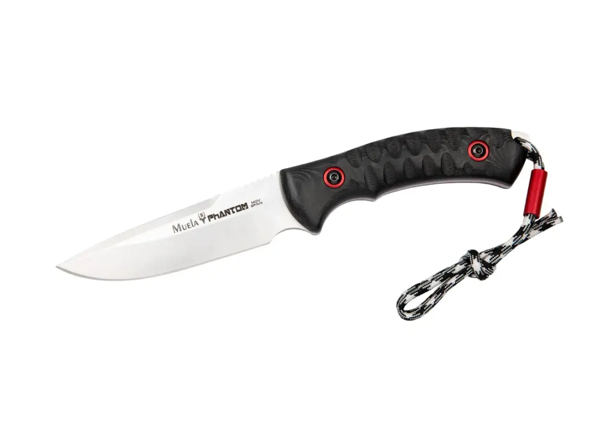 Cuchillo Muela Phantom con mango negro texturizado y cordón de sujeción.