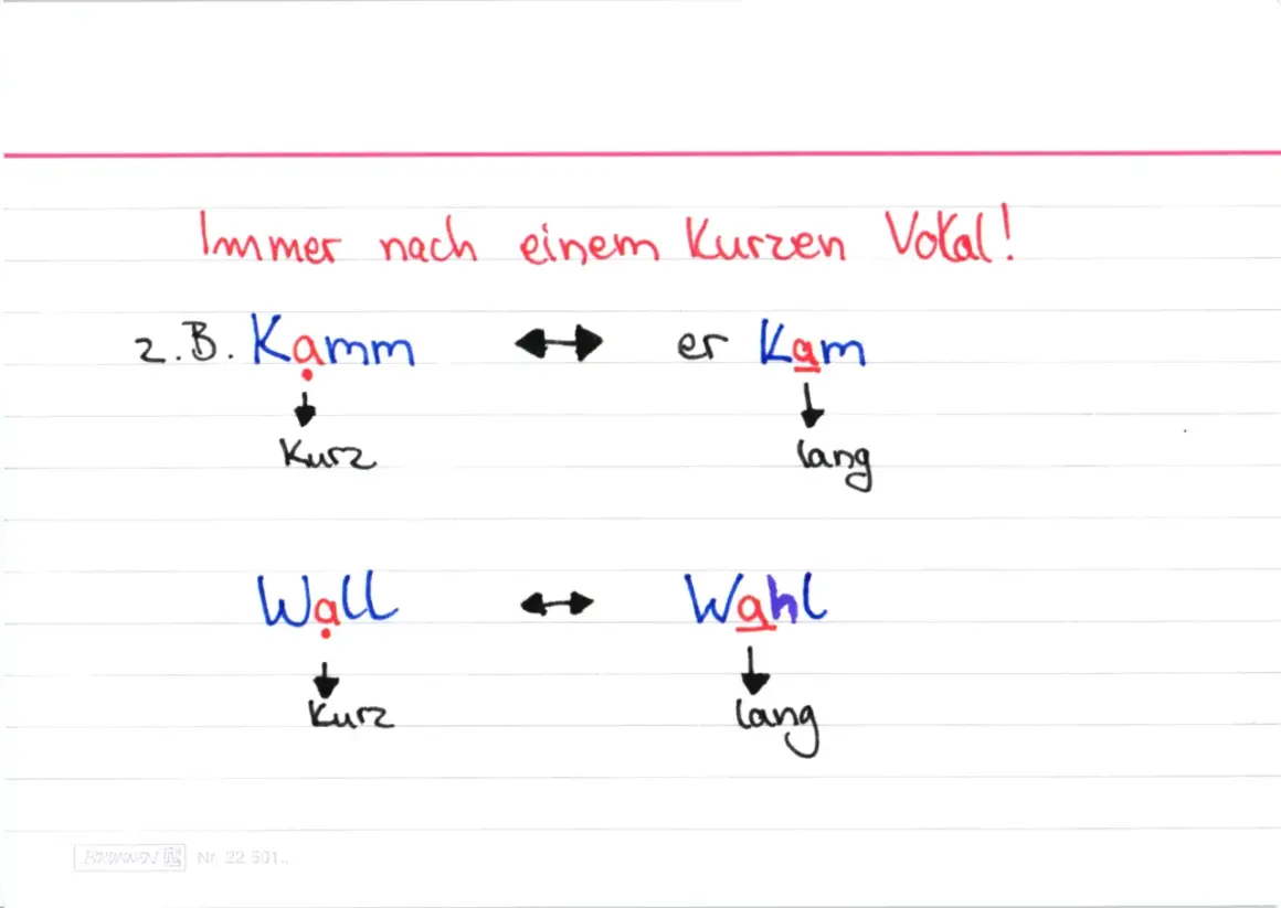 Beispiele für verben mit doppelkonsonanten: Kamm (kurz) vs. kam (lang), Wahl (kurz) vs. Wahl (lang).