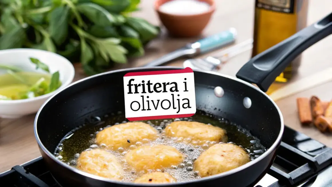 Fritera i kastrull: gyllene bitar bubblar i het olja. Gröna örter och olivolja i bakgrunden.