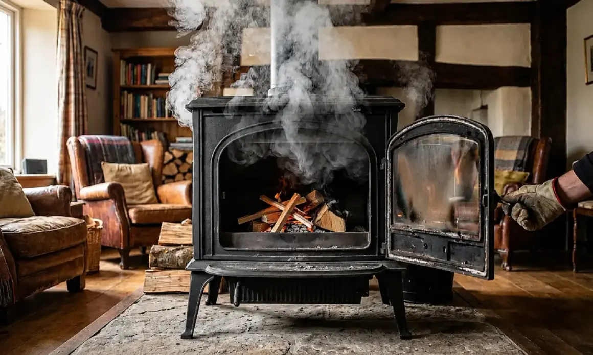 Une cheminée ouverte qui fume, avec du bois qui crépite à l'intérieur. Des fauteuils en cuir et une bibliothèque complètent ce décor chaleureux.