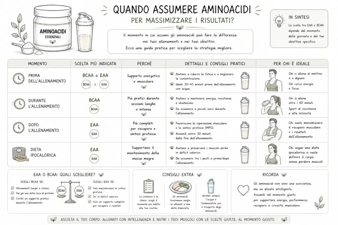 Guida su quando assumere aminoacidi o proteine per massimizzare i risultati. Scegli BCAA o EAA in base al momento e ai tuoi obiettivi.