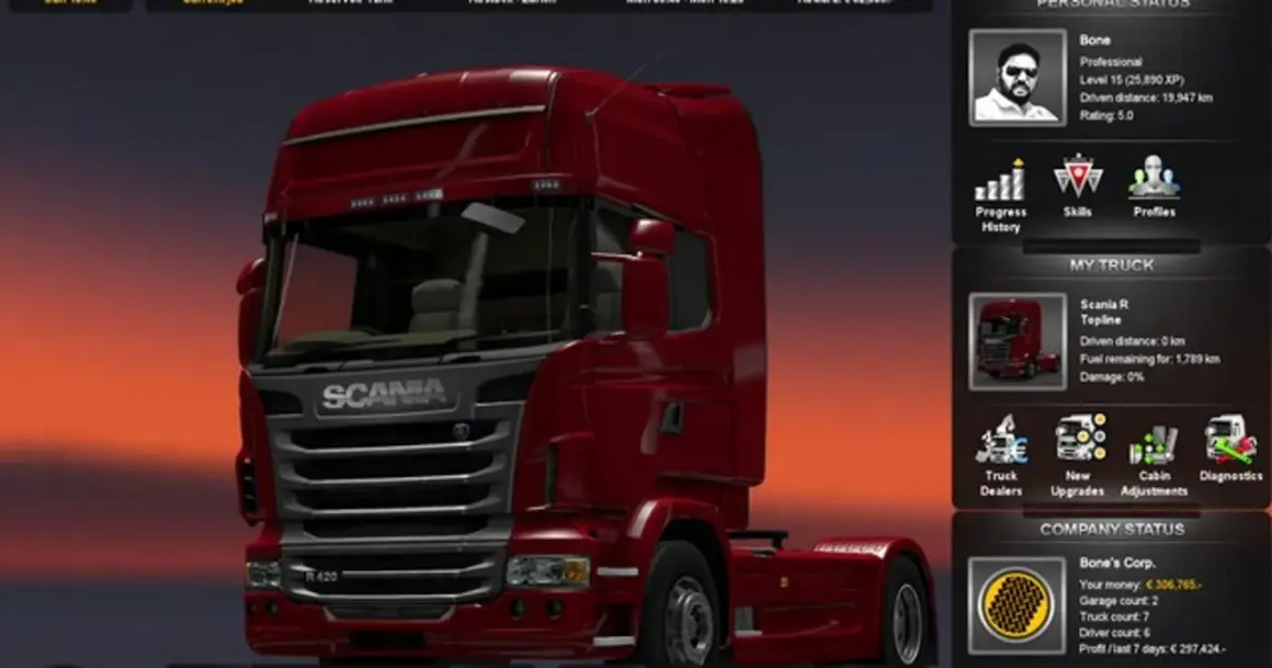 Czerwona Scania R420 w grze, ekran z informacjami o kierowcy i firmie. Sprawdź ets2 wymagania, by cieszyć się jazdą!