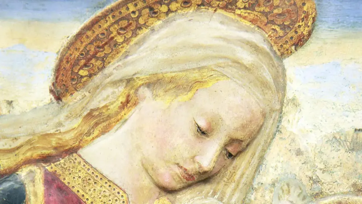 Ein zartes Porträt, das an Maria Magdalena, die Tochter, erinnert. Ihr blondes Haar umrahmt ein sanftes Gesicht unter einer goldenen Aureole.