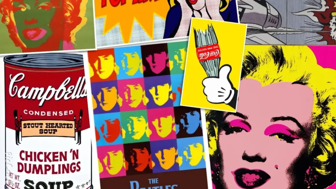 Pop art collage featuring 1960s artists painters like Warhol and Lichtenstein. Iconic images of Marilyn Monroe, Campbell's soup, and The Beatles.