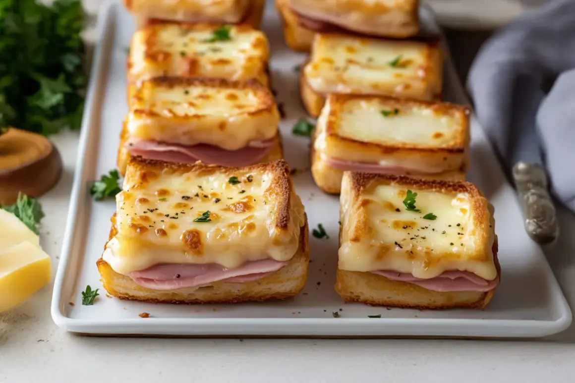 Petits croque-monsieur gratinés, une délicieuse entrée jambon et fromage fondant, parsemés de persil frais.