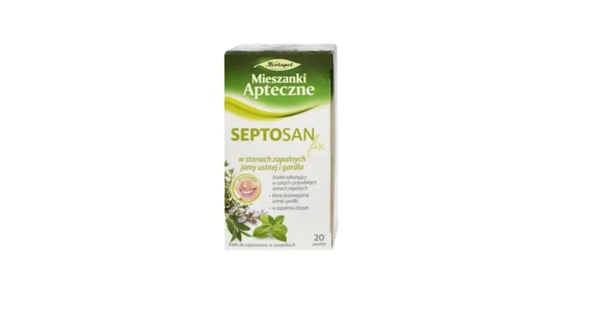 Septosan Fix - zioła do płukania jamy ustnej i gardła w saszetkach. Pomaga w stanach zapalnych i zapaleniu dziąseł.