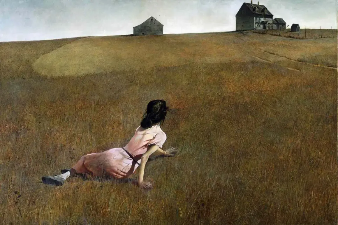 Wyeth's Christina's World: A woman in a pink dress crawls through a dry field towards a distant farmhouse.