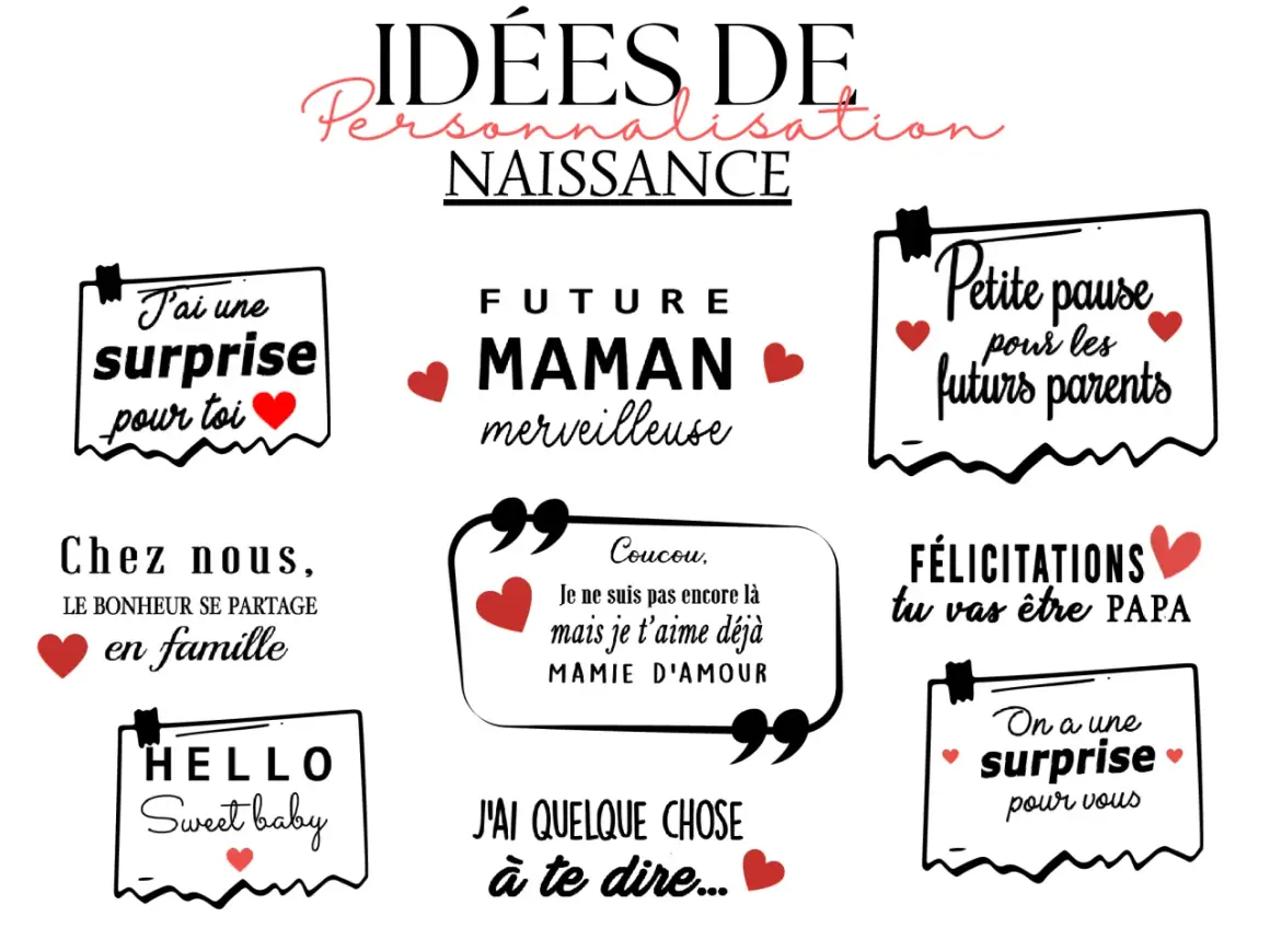 Idées de personnalisation naissance : "J'ai une surprise pour toi", "Future maman merveilleuse", "Petite pause pour les futurs parents", "Félicitations tu vas être Papa", "Hello sweet baby", "On a une surprise pour vous". Merci de m'avoir choisi comme ...